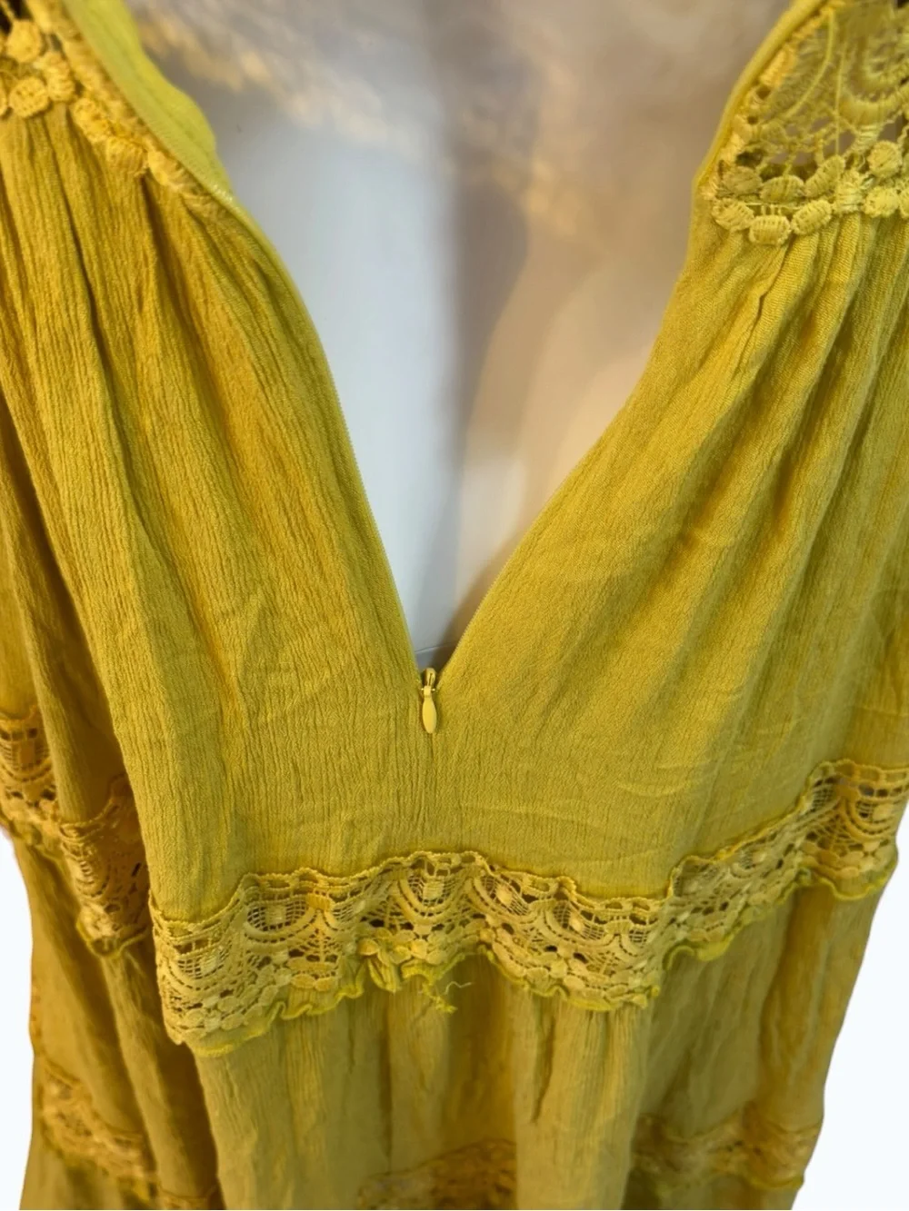 Forever 21 Mustard Yellow Crochet Lace Tiered Boho Midi Dress | Size M